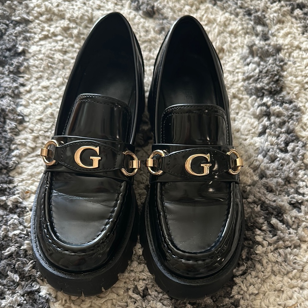 Guess Black and Gold Loafers with Signature Hardware